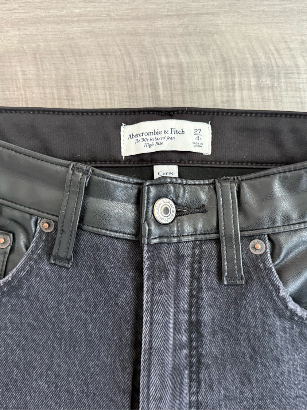 Abercrombie & Fitch Black Wide-Leg Jeans with Faux Leather Trim - Picture 3 of 4